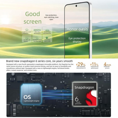 Honor X70, 12 Go + 256 Go, écran 6,79 pouces, MagicOS 9.0, Snapdragon 6 Gen 4 Octa Core, réseau : 5G, OTG, NFC, compatible Google Play (blanc) SH432W81-016